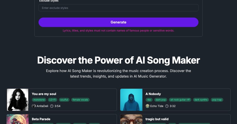 AI Music Generator, מסך 2