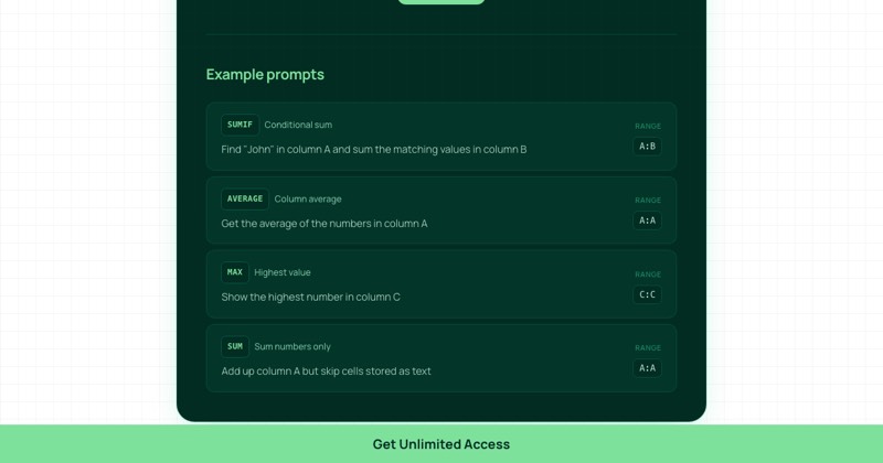 Google Sheets Formula Generator, מסך 2