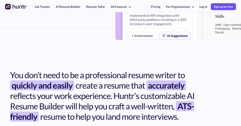 Huntr AI Resume Builder, מסך 2