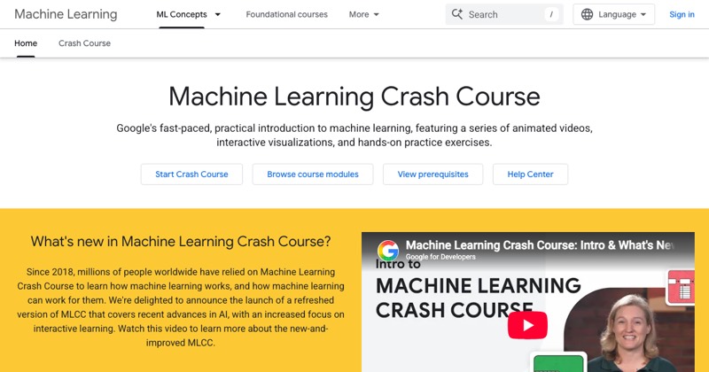 צילום מסך של Machine Learning Crash Course (Google)
