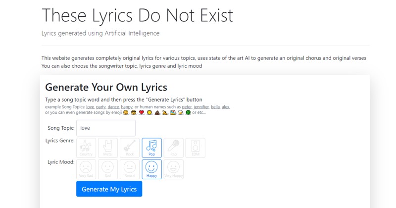 צילום מסך של These Lyrics Do Not Exist
